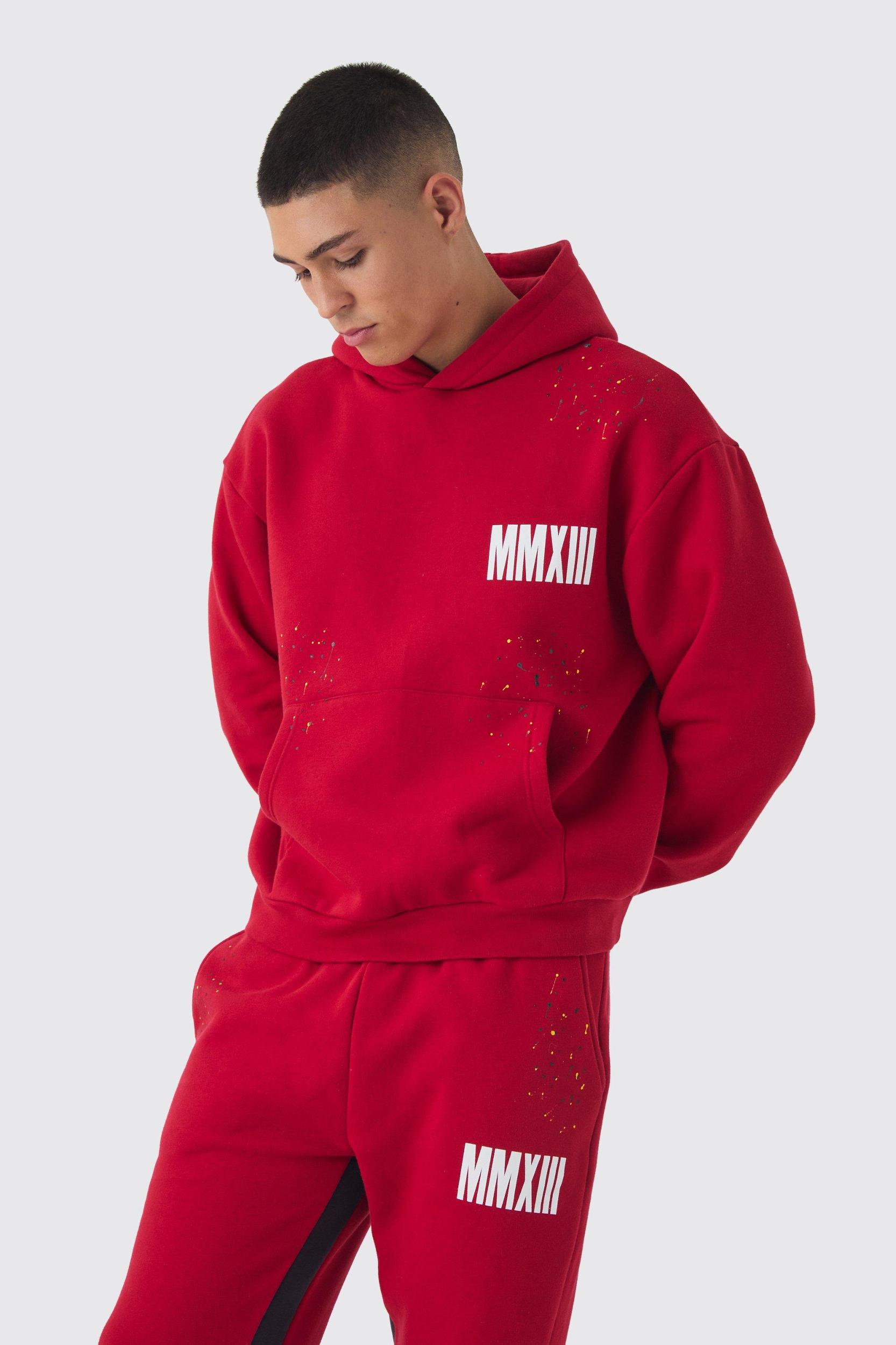 Oversized Boxy Man Paint Splatter Gusset Hooded Tracksuit | boohooMAN USA Product Image