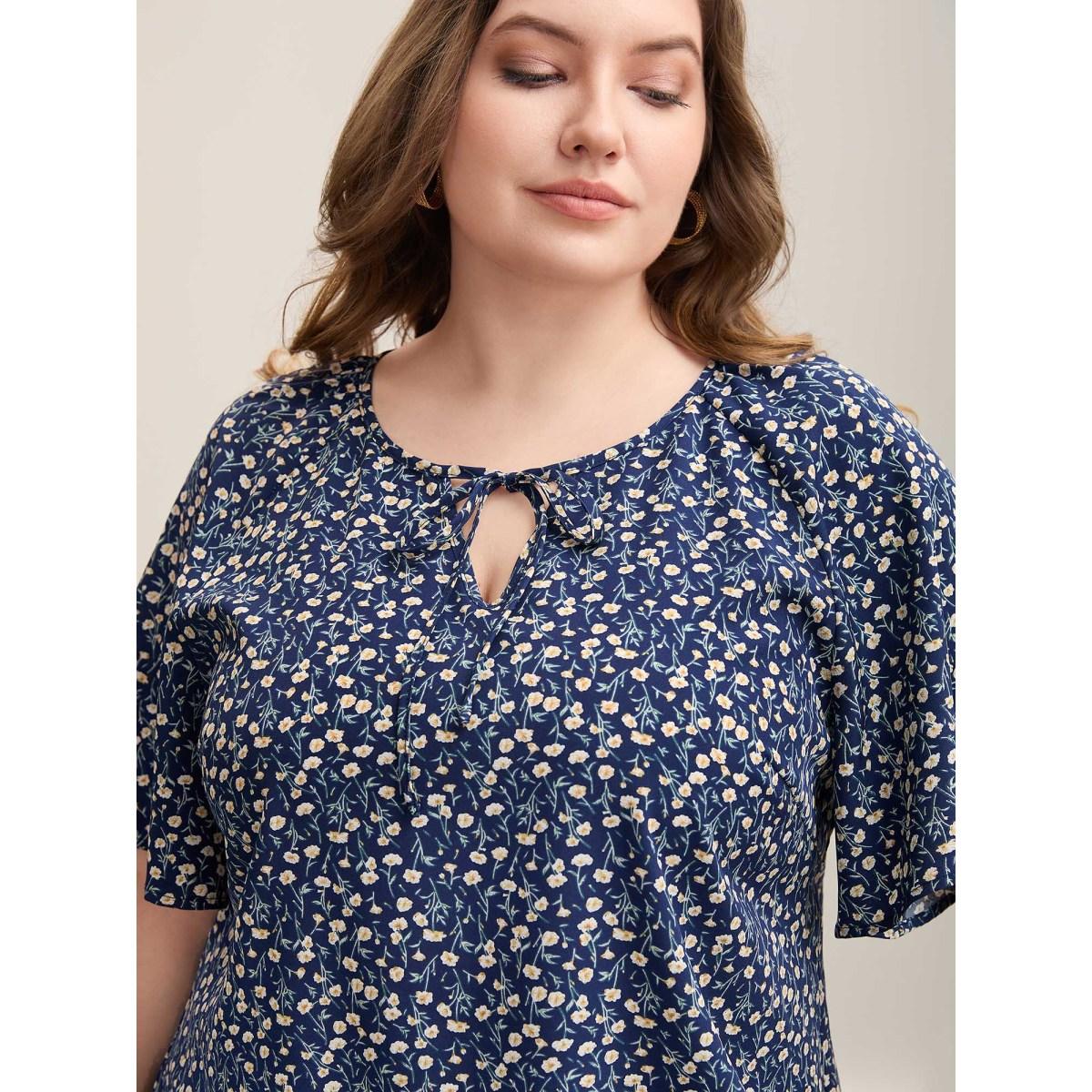 Plus Size Indigo Floral Printed Lotus Sleeve Tied Blouse Women Elegant Short sleeve V-neck Everyday Blouses BloomChic 18-20/2X Product Image