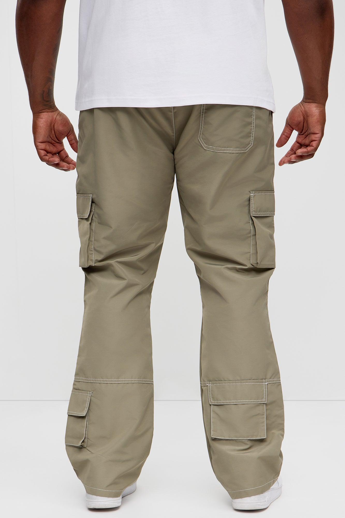 Contrast Stitch Nylon Flared Cargo Pants - Grey Product Image