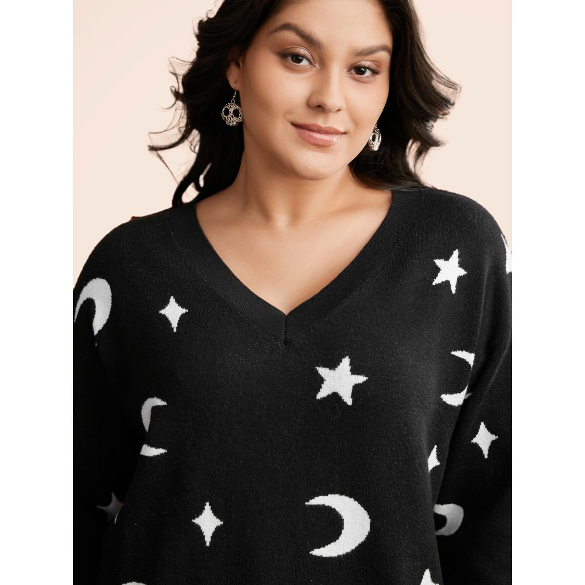 Plus Size Supersoft Essentials Celestial Jacquard V-Neck Pullover Black Women Leisure Long Sleeve V-neck Casual Pullovers BloomChic 12/L Product Image