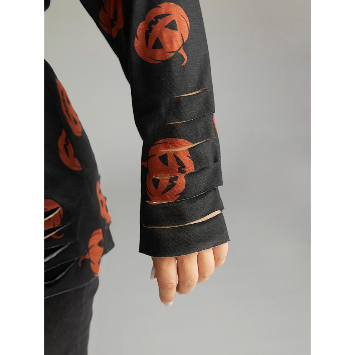 Plus Size Halloween Pumpkin Print Distressed T-shirt Black Women Casual Printed Graphic-Halloween Round Neck Festival-Halloween T-shirts BloomChic 26/4X Product Image