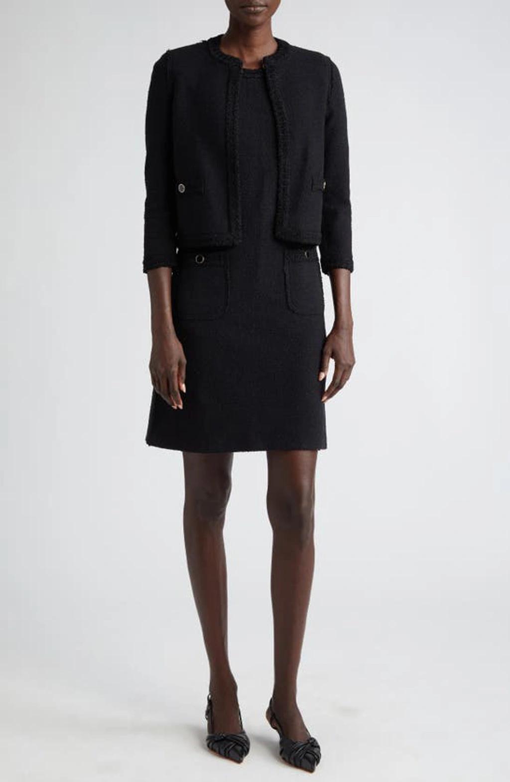 ST JOHN Compact Boucle Knit Short Sleeve Dress In Black Product Image