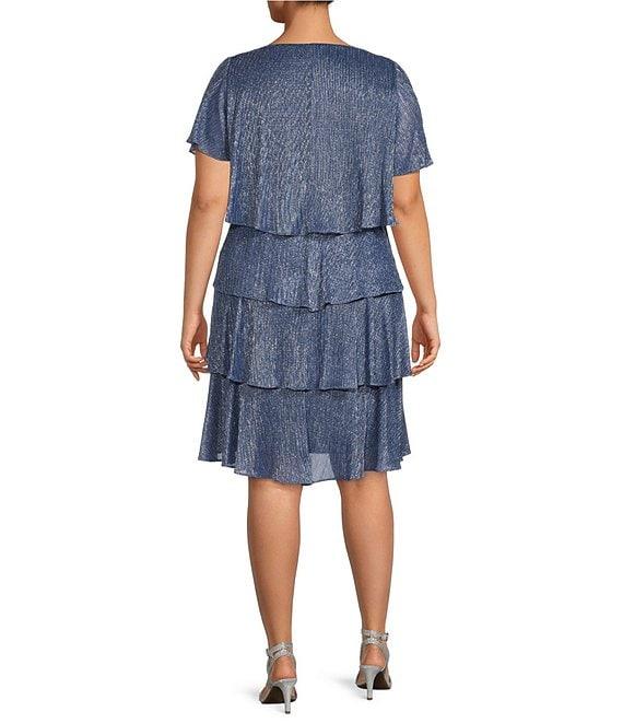 Ignite Evenings Plus Size V-Neck Shimmer Tiered Short Sleeve Dress Product Image