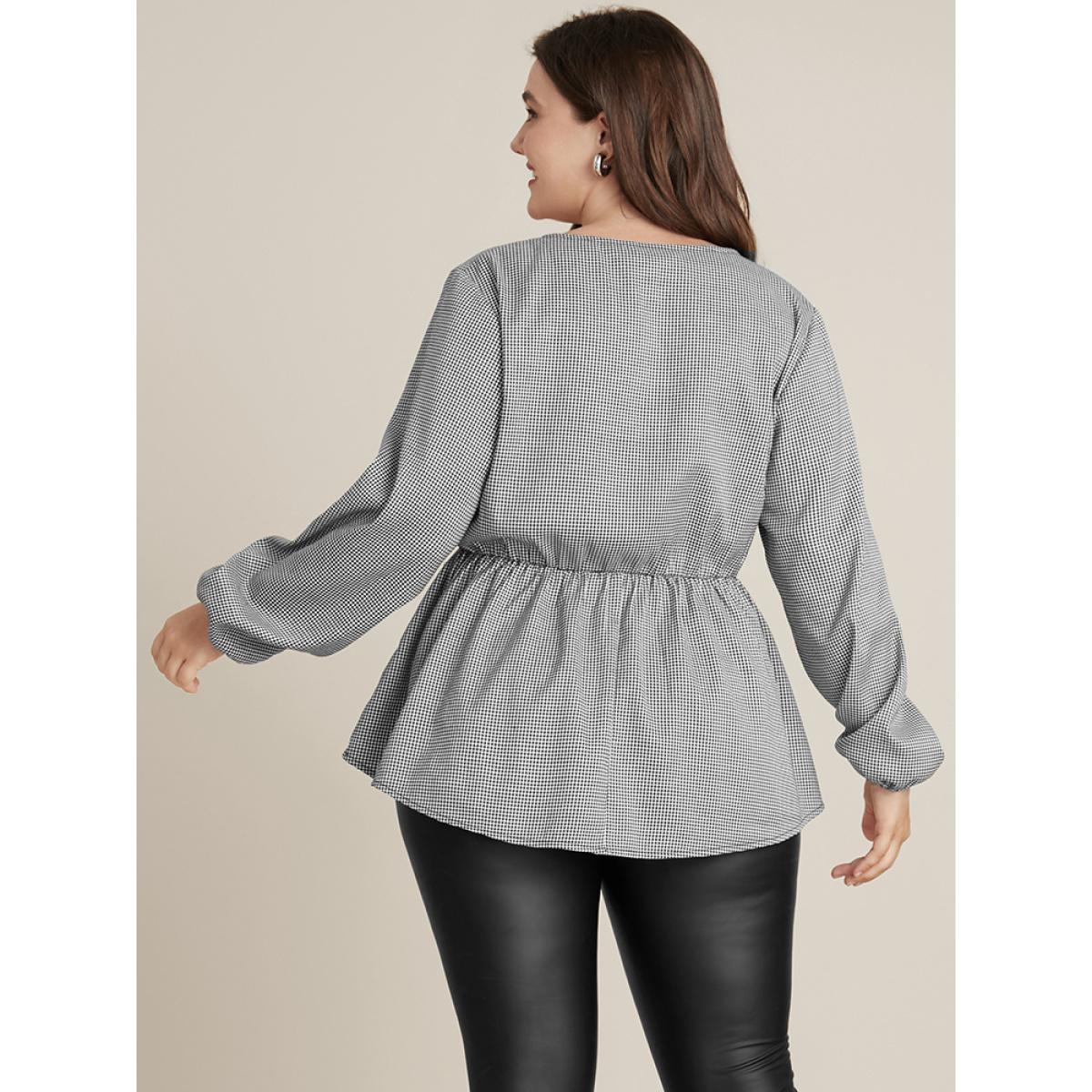 Plus Size Black Houndstooth Lantern Sleeve Wrap Blouse Without Belt Women Elegant Long Sleeve V-neck Dailywear Blouses BloomChic 14-16/1X Product Image
