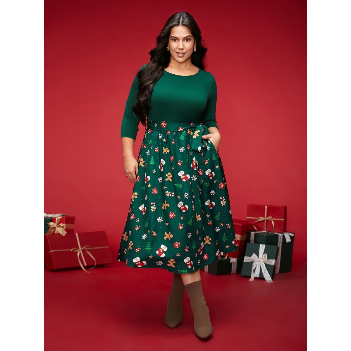 Plus Size Holiday Everything Printed Skirt Fit-and-Flare Midi Dress DarkGreen Women Elegant Belted Round Neck Elbow-length sleeve Curvy BloomChic 14-16/1X Product Image