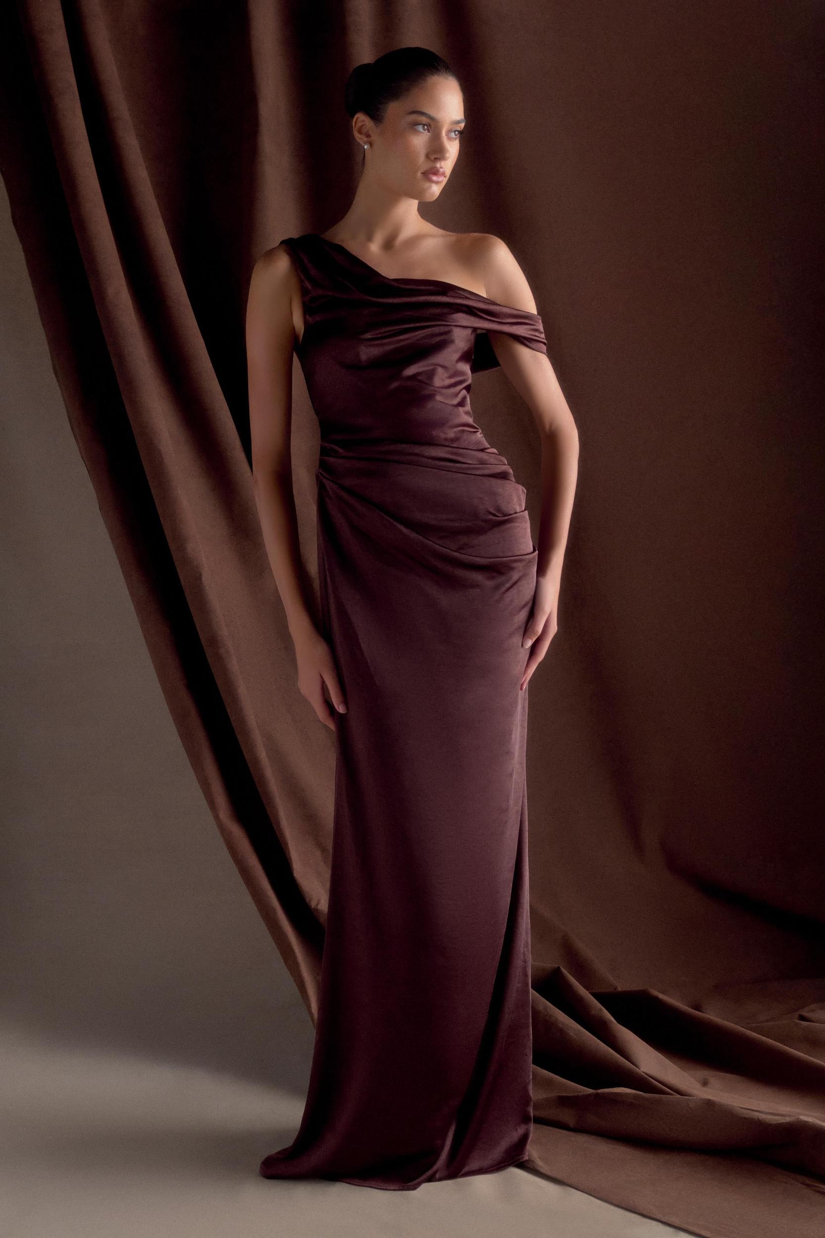 Dalia Off Shoulder Satin Maxi Dress - Dark Chocolate Product Image