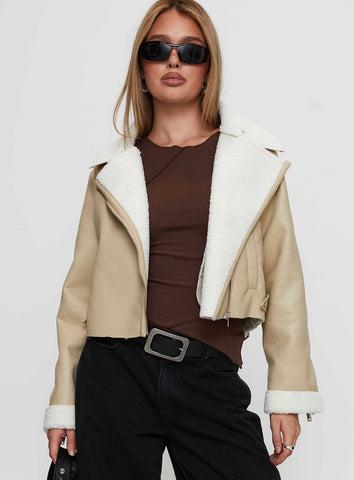 Shearling Trim Faux Leather Jacket Beige Product Image