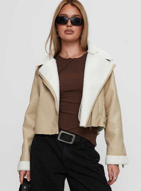 Shearling Trim Faux Leather Jacket Beige Product Image