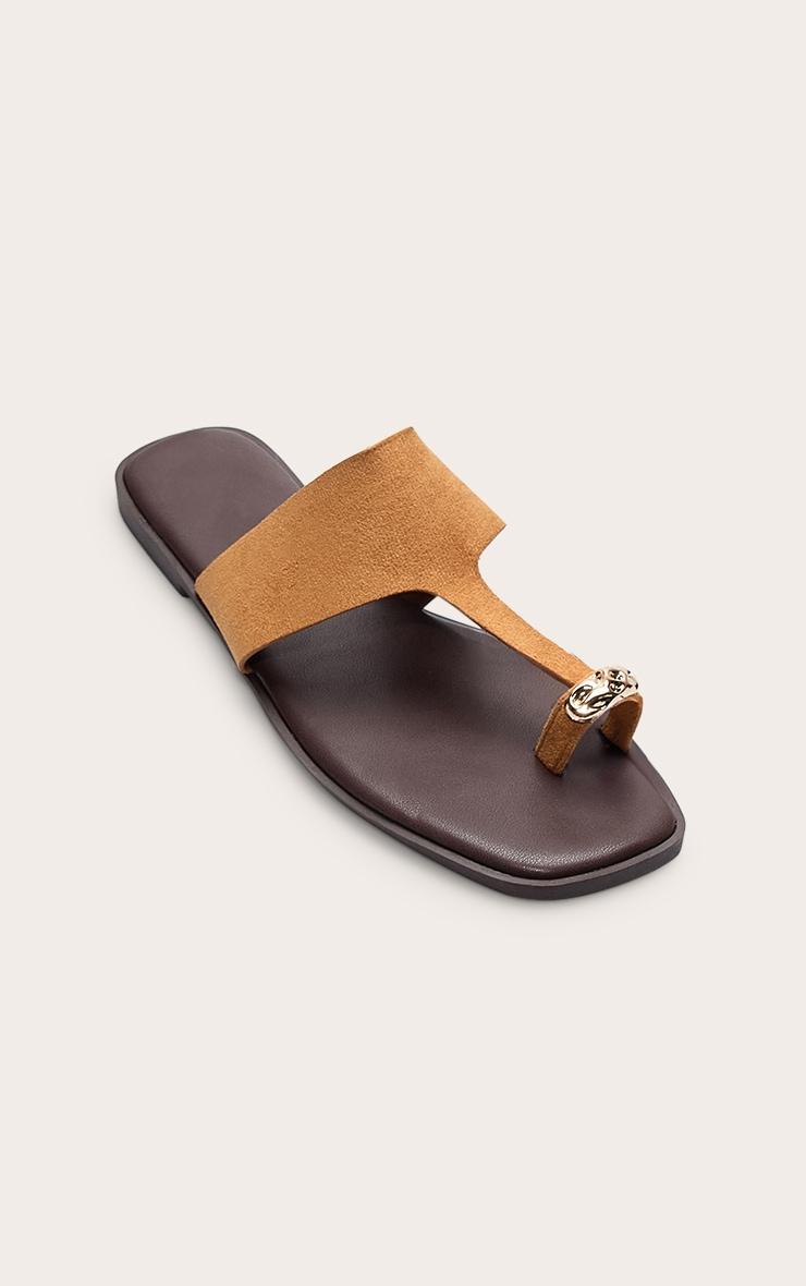 Camel Faux Suede Toe Thong Gold Hardware Sandal Product Image