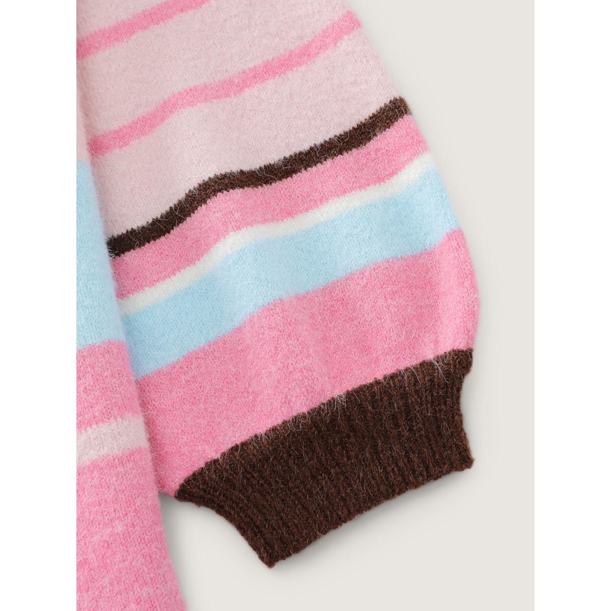 Plus Size Colorful Stripes Drop Shoulder Lantern Sleeve Pullover Blush Women Loose Long Sleeve Round Neck Casual Pullovers BloomChic 18-20/2X Product Image