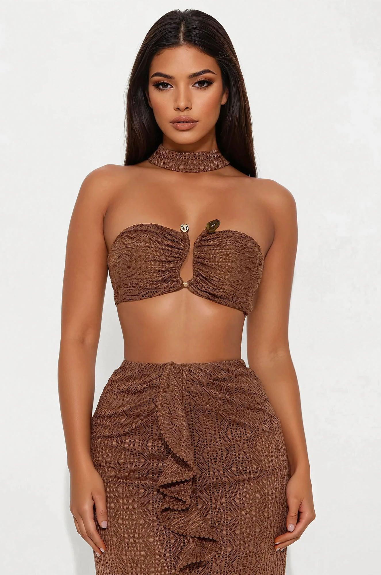 Savanna Escape Crochet Maxi Skirt Set - Brown Product Image