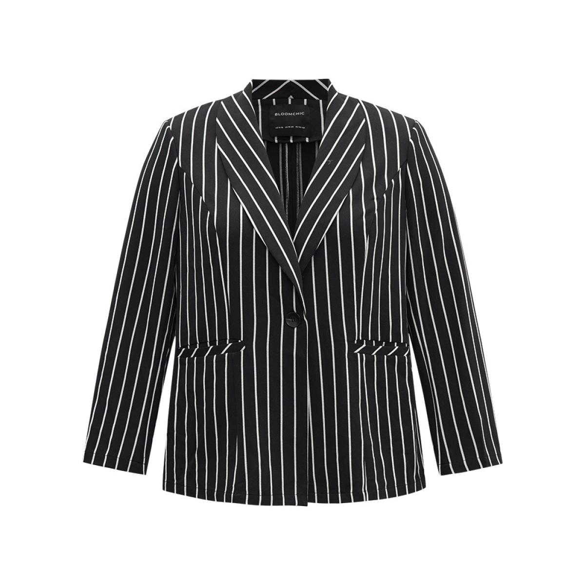 Plus Size Striped Suit Collar Button Up Blazer Black Women Work Striped Contrast Sleeve Long Sleeve Suit Collar 12/L Pocket Casual Blazers BloomChic Product Image