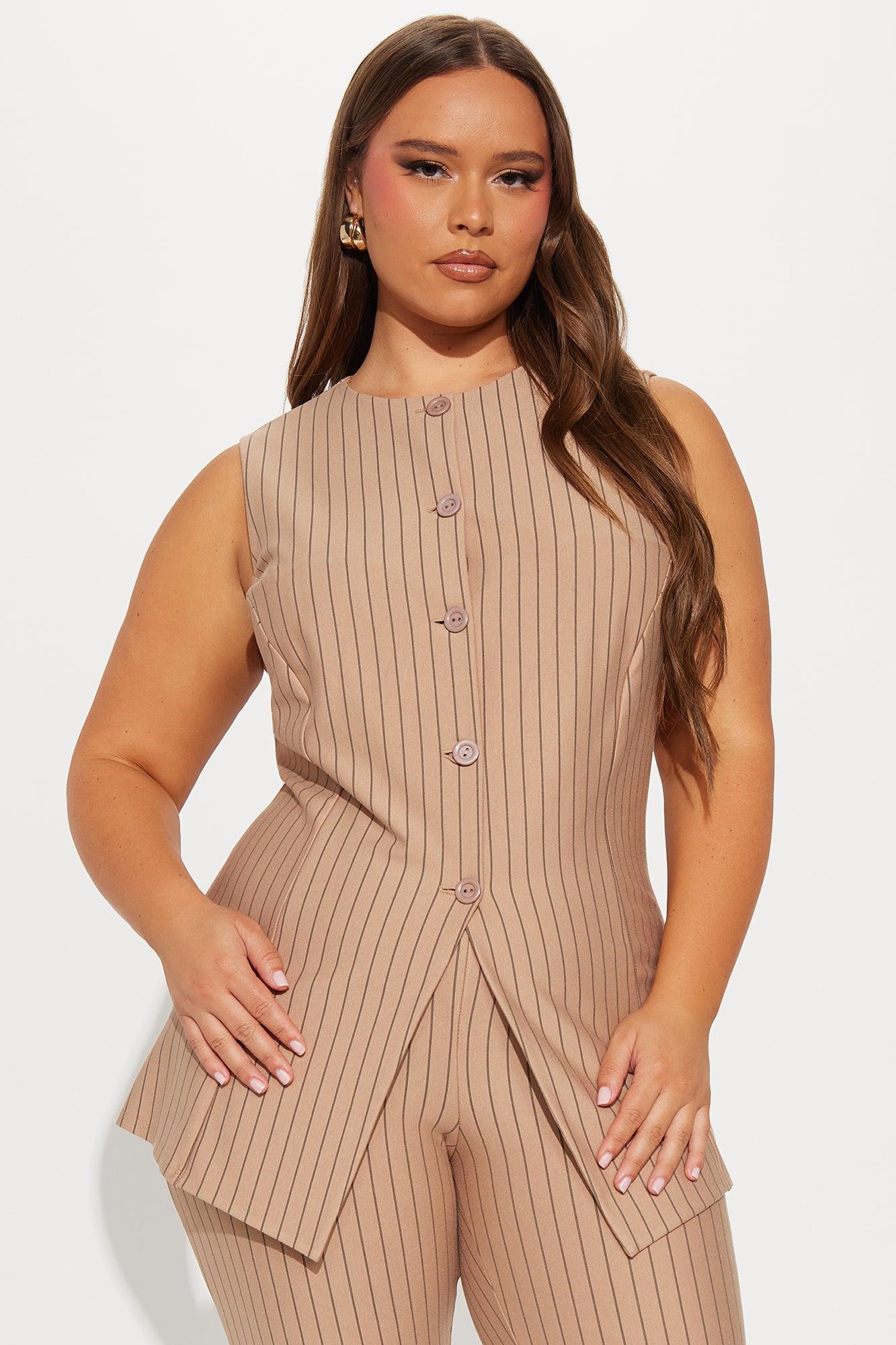 Like A Boss Pinstripe Vest And Pant Set - Taupe Product Image