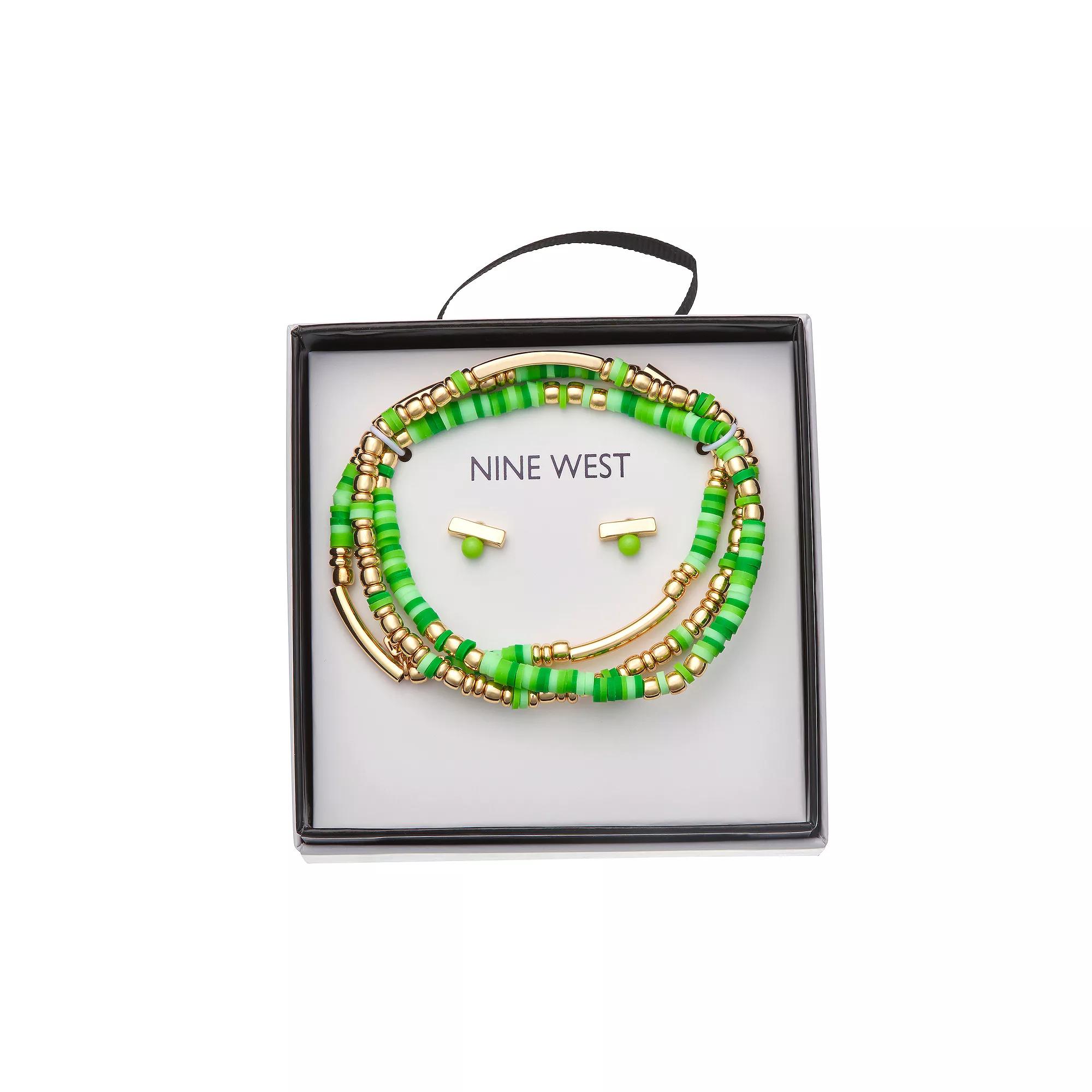 Nine West Gold Tone Green Beaded Bracelet & Stud Earrings Set, Women's Product Image
