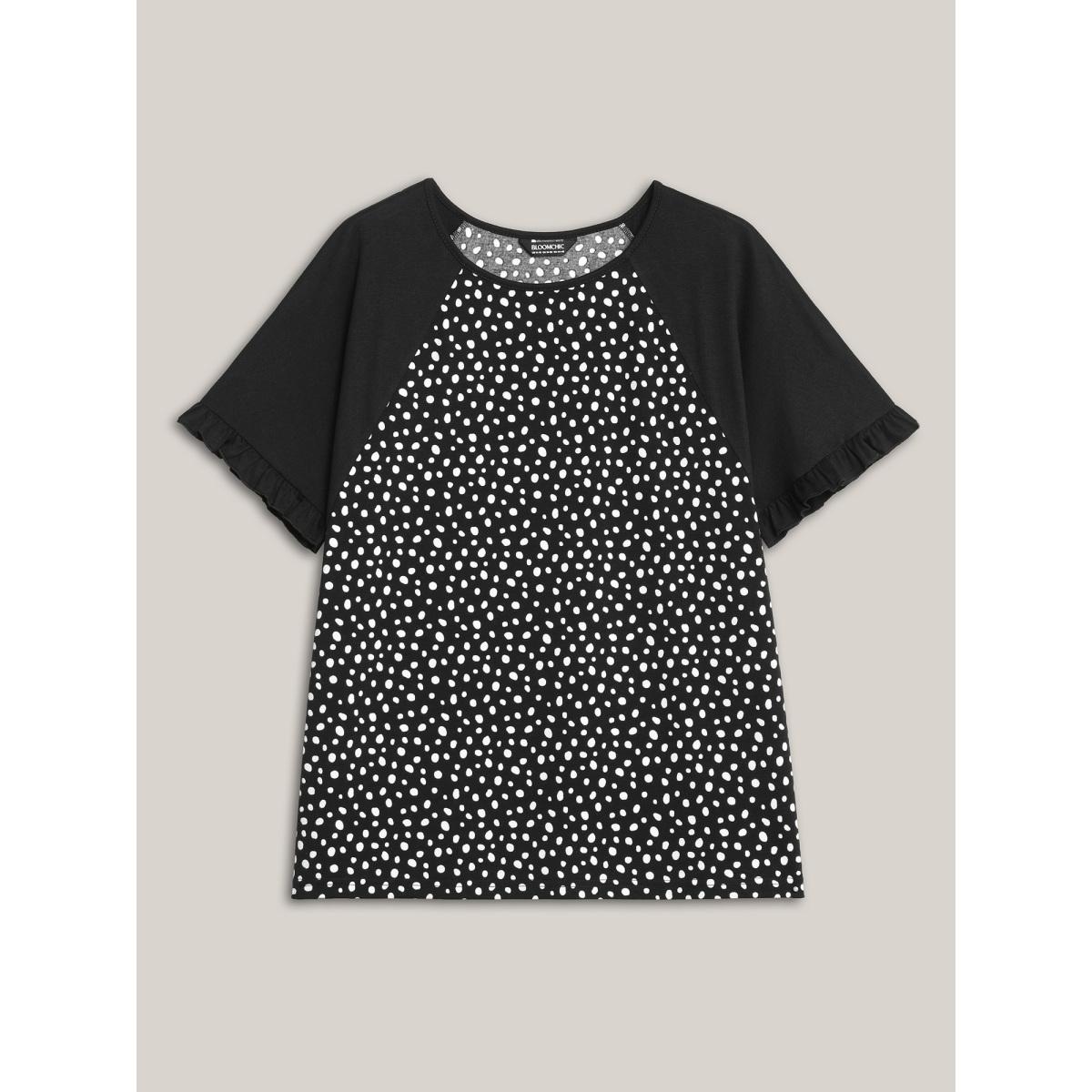 Plus Size Printed Spliced Raglan Sleeve Ruffled T-Shirt Black Women Leisure Contrast Round Neck Casual T-shirts BloomChic 26/4X Product Image