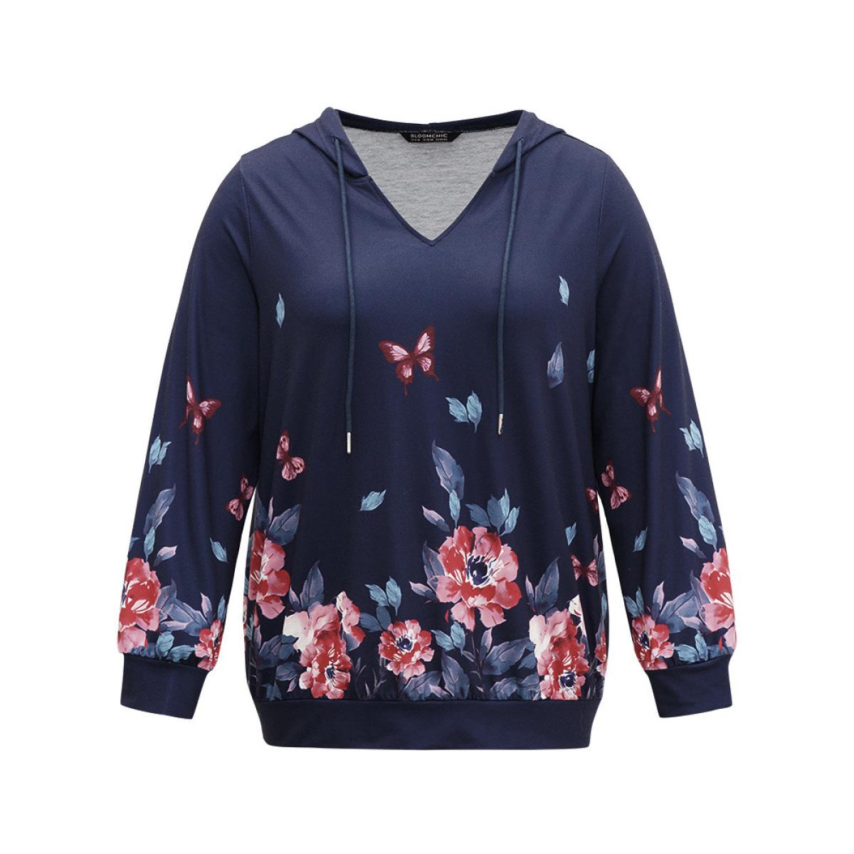 Plus Size Floral & Butterfly Print Hooded Drawstring Sweatshirt Women Multicolor Casual Printed Hooded Dailywear Sweatshirts BloomChic 12/L Product Image
