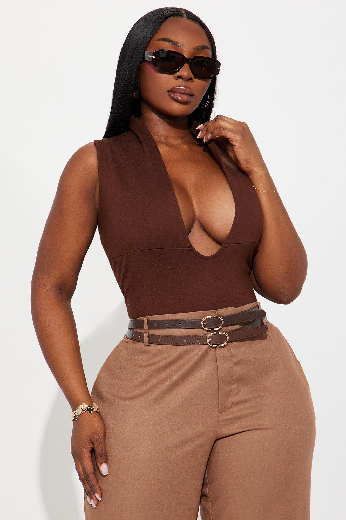 Rayna Deep V Neck Bodysuit - Brown Female Product Image