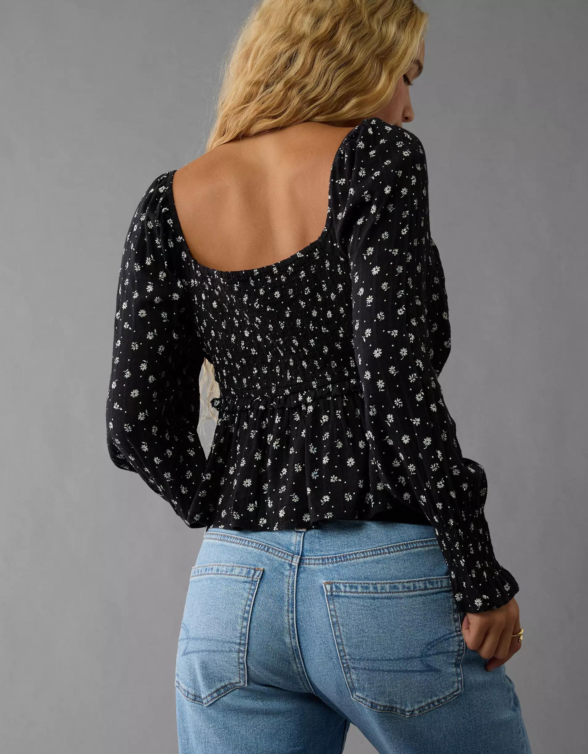 AE Long-Sleeve Smocked Tie Front Blouse Product Image