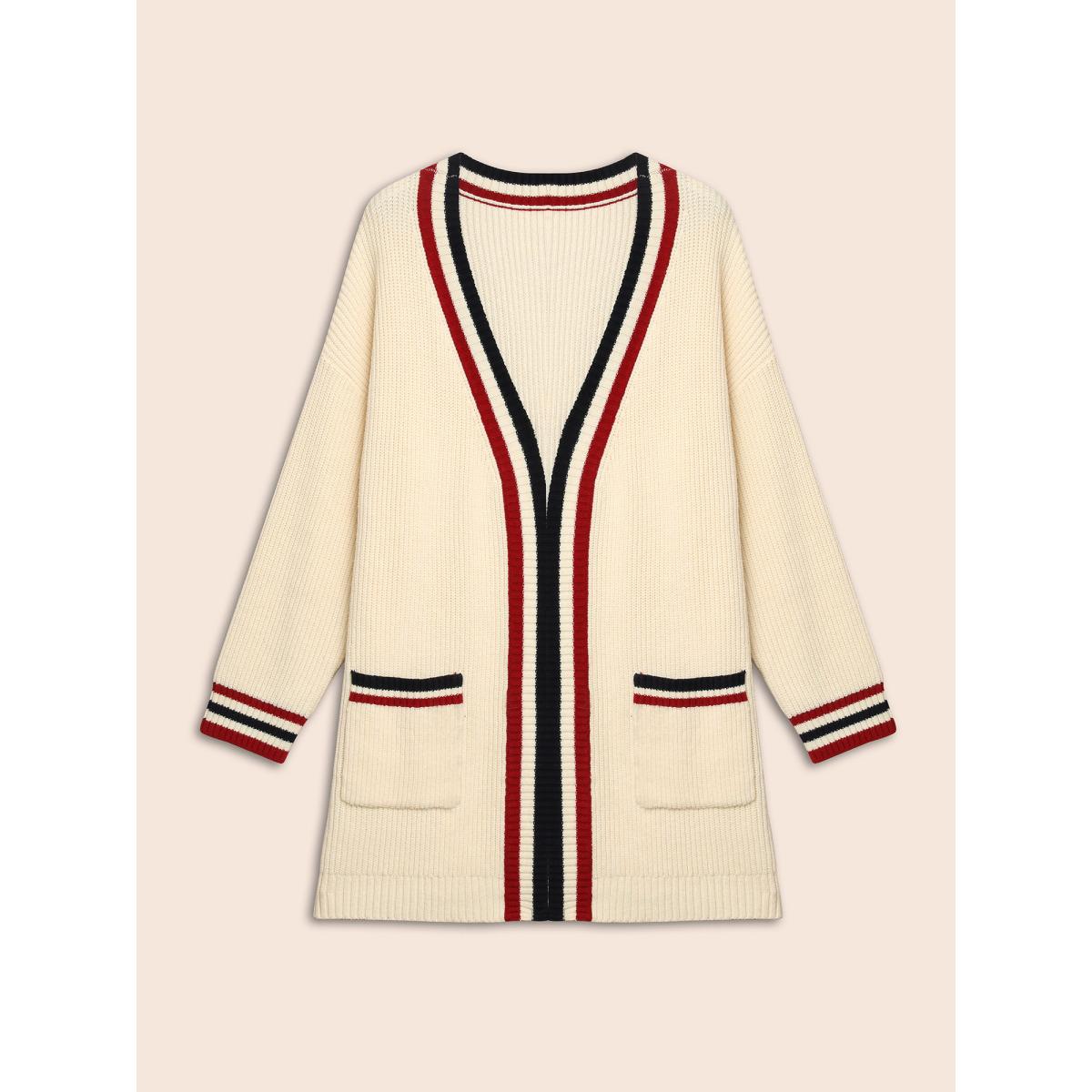 Plus Size Supersoft Essentials Contrast Striped Drop Shoulder Cardigan Beige Women Leisure Loose Long Sleeve Casual Cardigans BloomChic 22-24/3X Product Image