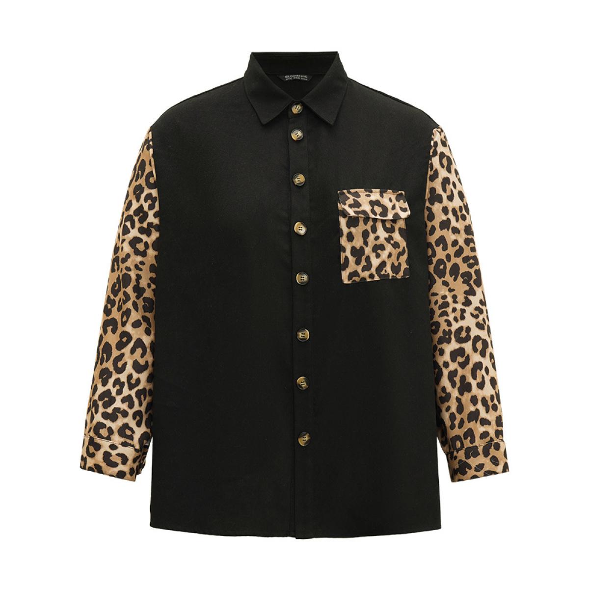 Plus Size Leopard Patchwork Contrast Button Up Coat Women Black Contrast Pocket Dailywear Jackets BloomChic 22-24/3X Product Image