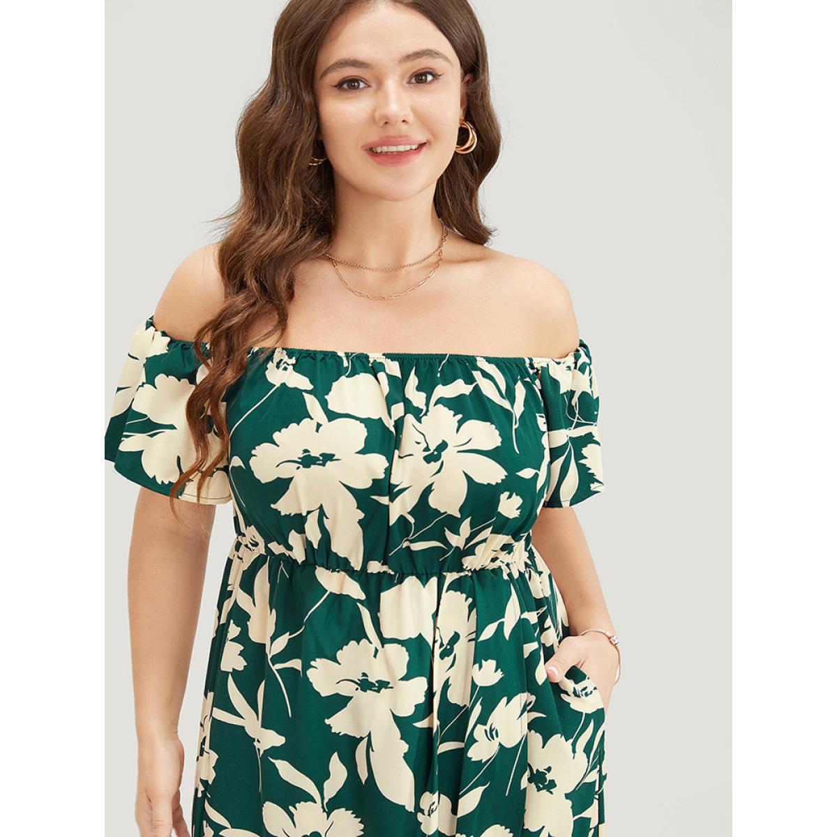 Plus Size Floral Ruffles Pleated Split Hem Pocket Off Shoulder Dress Emerald Women Elegant Printed One-shoulder neck Short sleeve Curvy Midi Dress BloomChic 30/6X Product Image