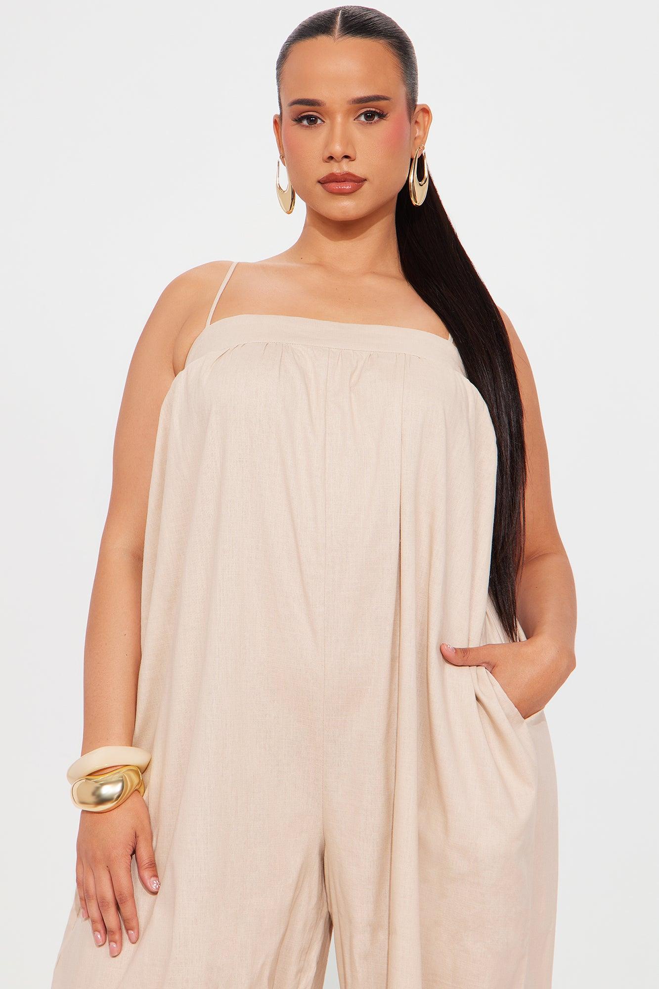 Walk On The Beach Linen Jumpsuit - Beige Product Image