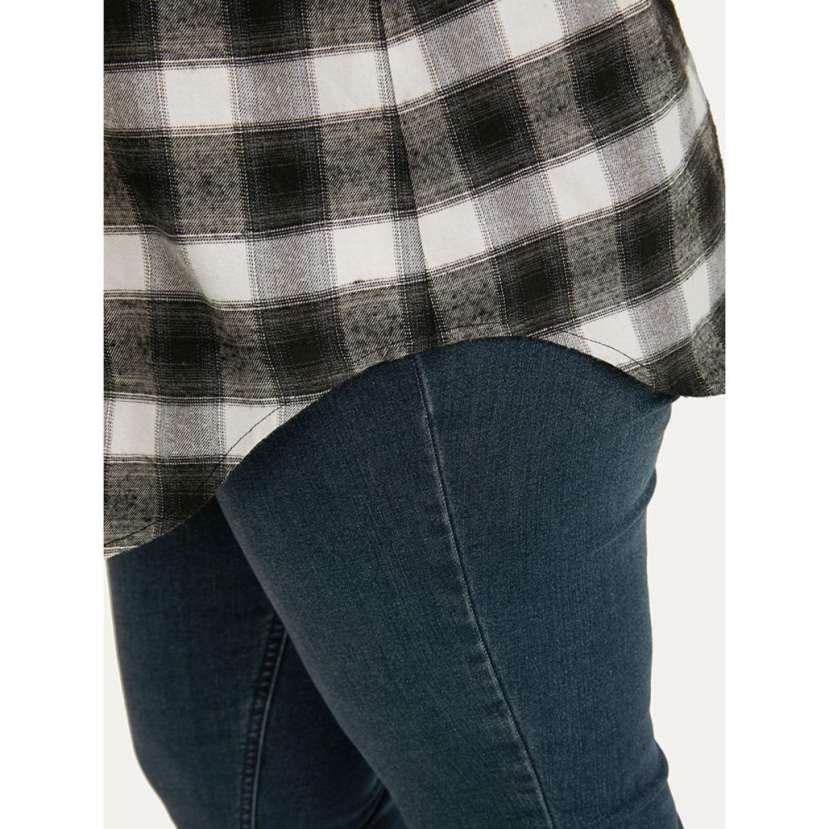 Plus Size Plaid Arc Hem Pocket Button Through Shirt Collar Coat Women Black Casual Arc Hem Ladies Dailywear Winter Coats BloomChic 14-16/1X Product Image