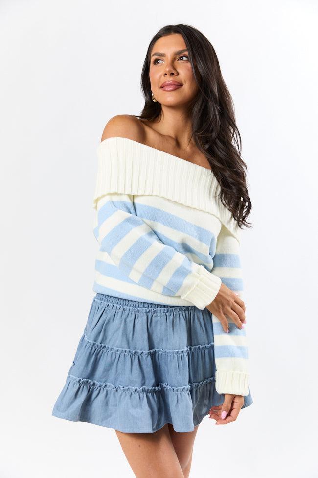 Undertow Feelings Ivory and Blue Striped Off The Shoulder Sweater FINAL SALE Product Image