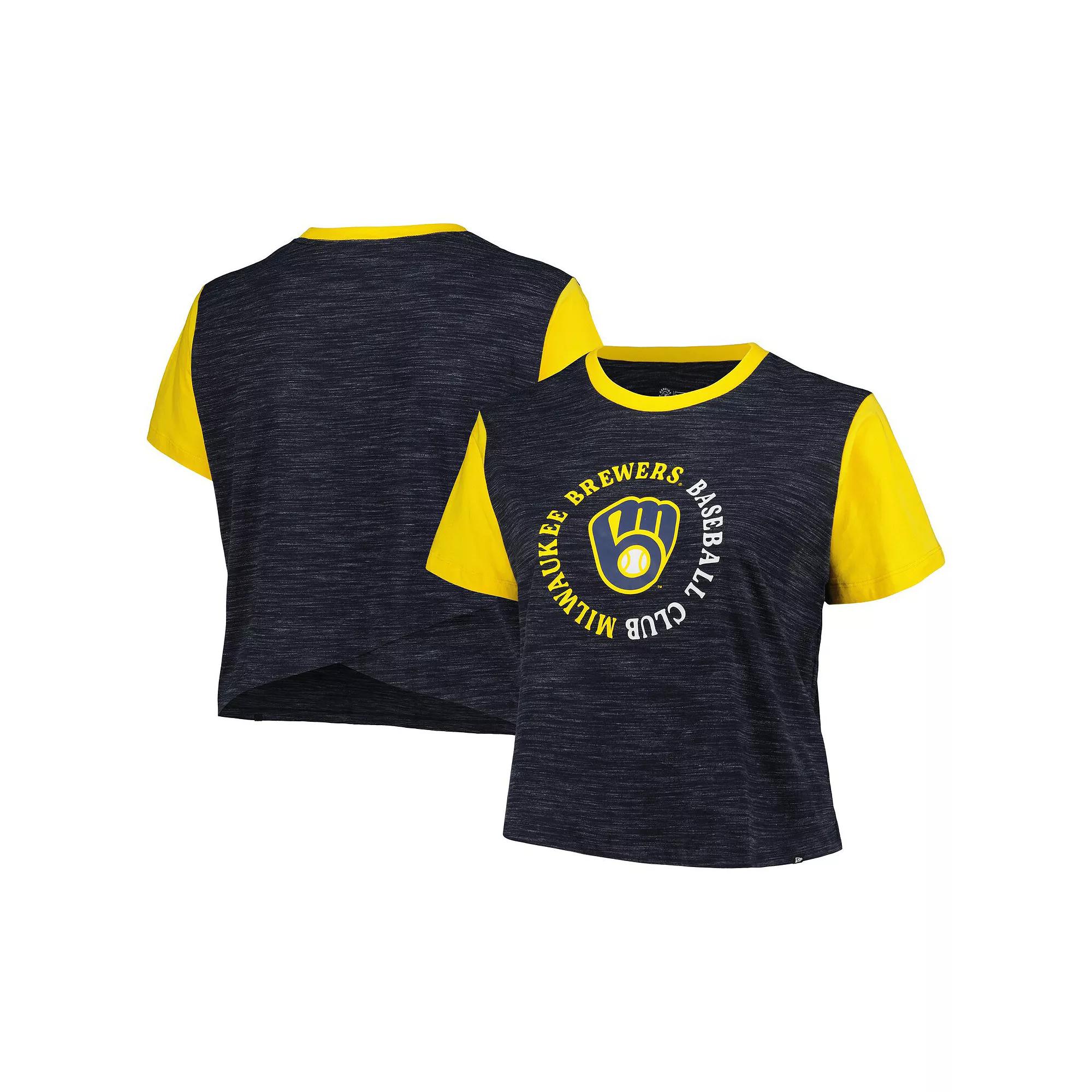 Women's New Era Navy Milwaukee Brewers Plus Size Crossover Back Cropped T-Shirt, Size: 2XL, Blue Product Image