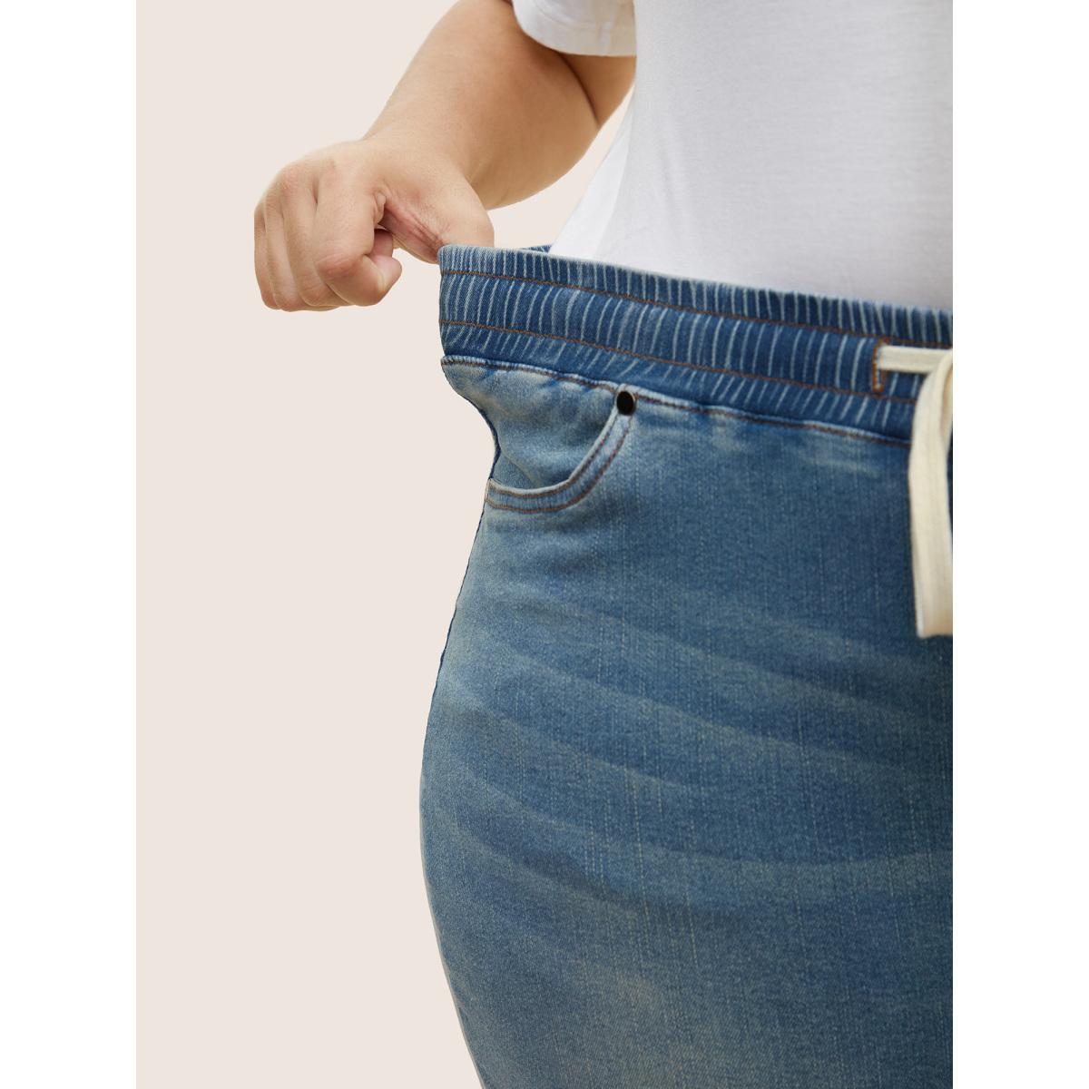 Plus Size Light Wash Drawstring Cropped Wide Leg Jeans Women Denimblue Casual Drawstring High stretch Slanted pocket Jeans BloomChic 20/2X Product Image