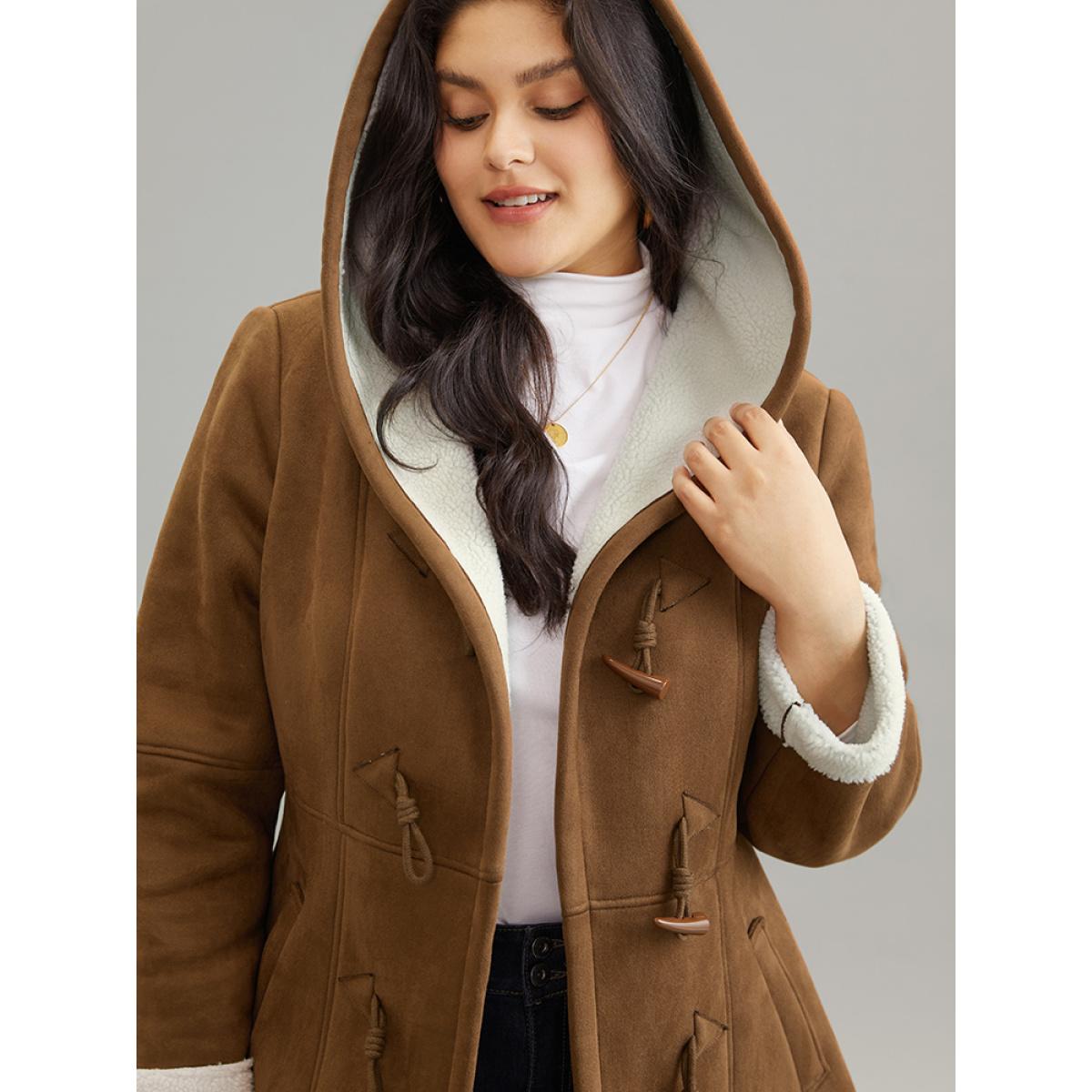 Plus Size Contrast Duffle Button Fluffy Hooded Coat Women DarkBrown Casual Lined Ladies Dailywear Winter Coats BloomChic 12/L Product Image