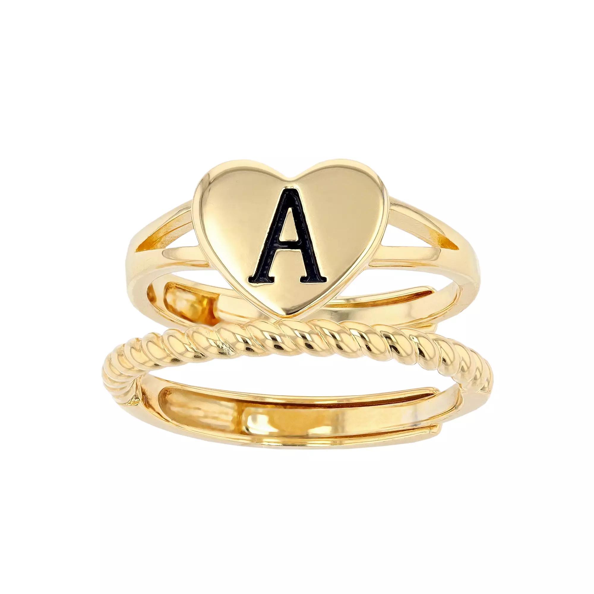 City Luxe Heart Initial & Textured Band Ring Set, Women's, Gold Tone A Product Image
