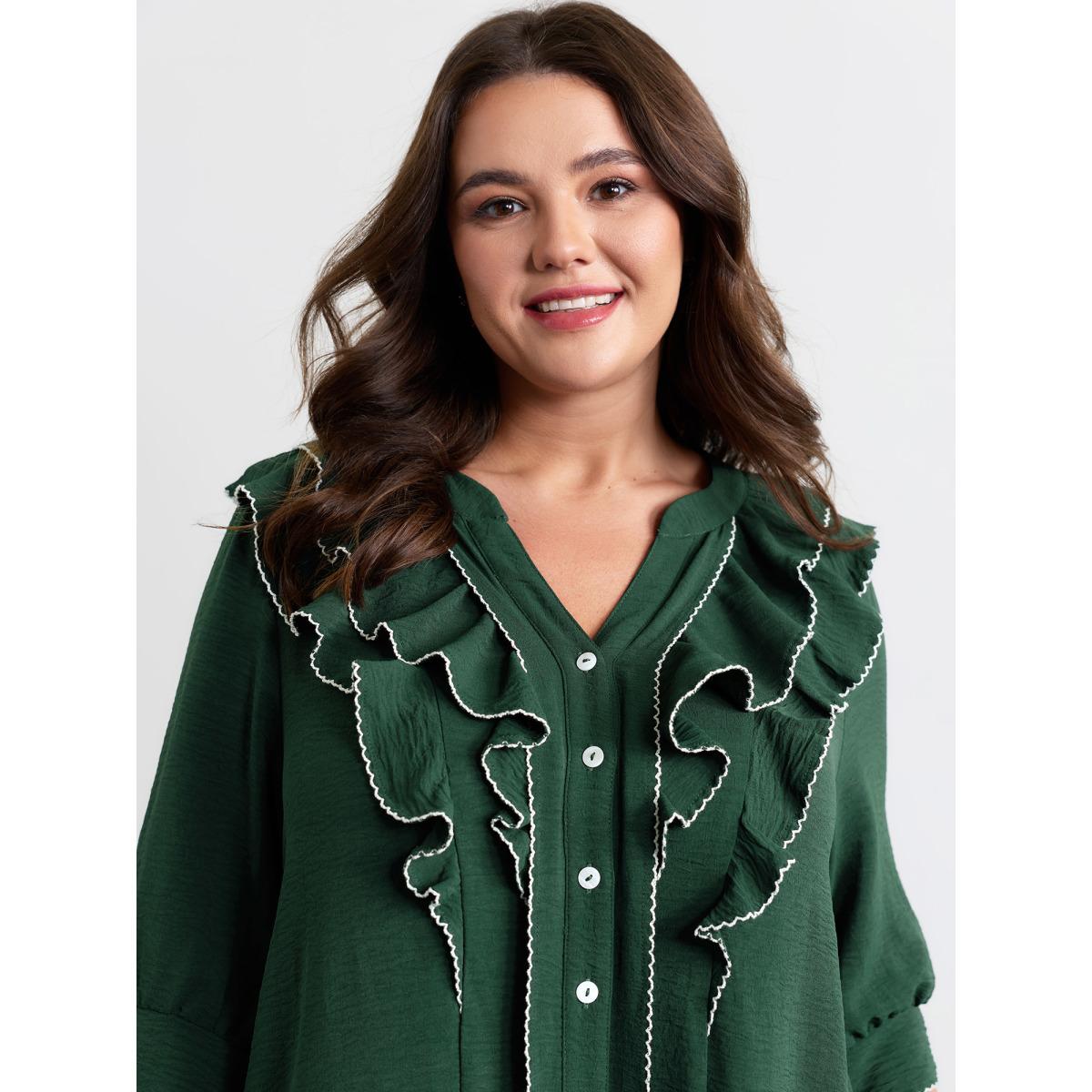Plus Size Ruffled Neck Tiered Button Knee-Length Dress DarkGreen Women Leisure Contrast Flat collar with V-notch Elbow-length sleeve Curvy BloomChic 28/5X Product Image