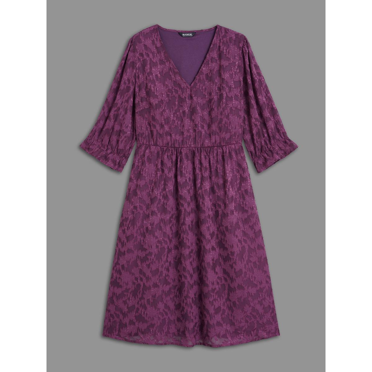 Plus Size V Neck Burn-out Fabric Midi Dress Deeppurplered Women Elegant Texture V-neck Elbow-length sleeve Curvy BloomChic 28/5X Product Image