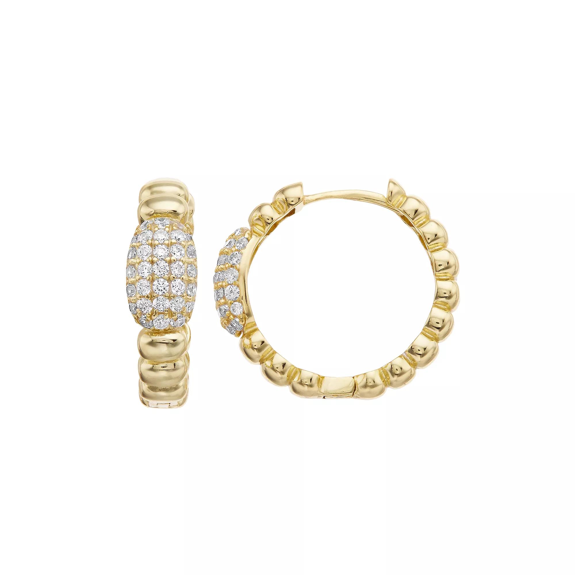 14k Gold Over Silver & Cubic Zirconia Scalloped Huggie Hoop Earrings, Womens, Gold Tone Product Image