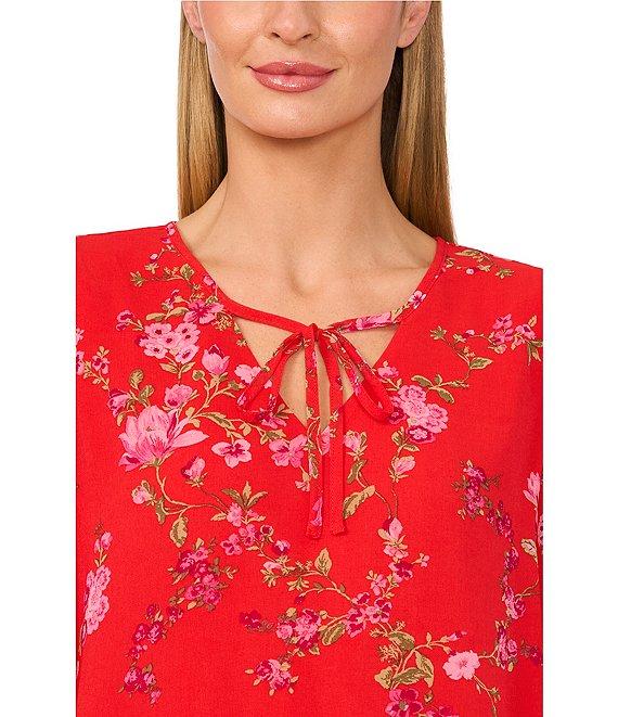 CeCe Woven Floral Print V-Neck Long Sleeve Tie Front Blouse Product Image