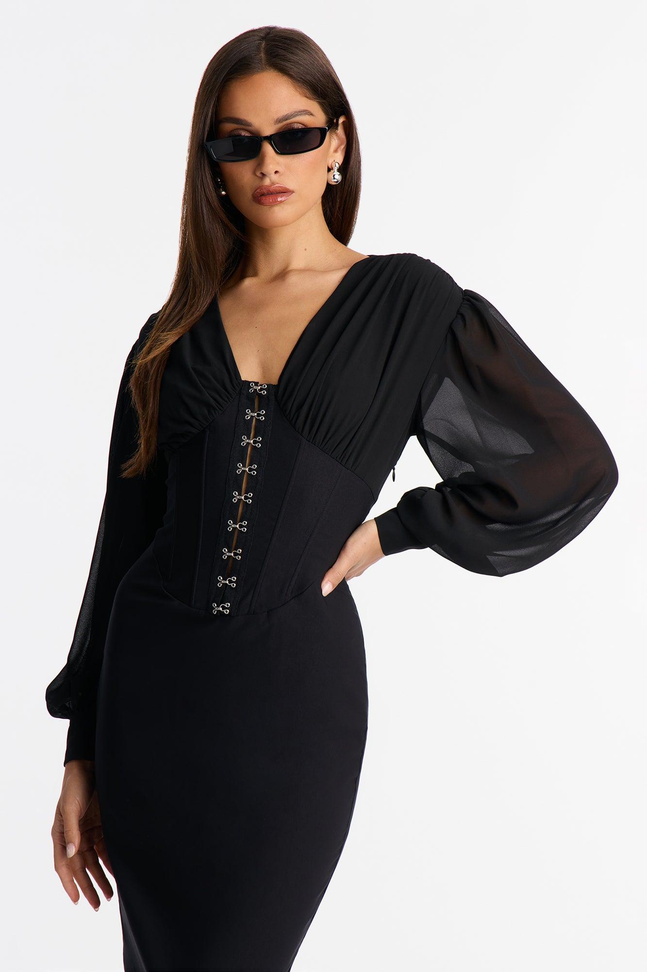 Cute But Psycho Chiffon Corset Midi Dress - Black Female Product Image