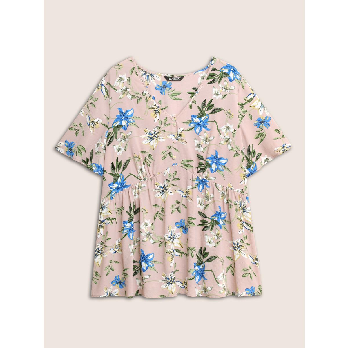 Plus Size DustyPink Floral Flutter Sleeve Button Detail Blouse Women Elegant Short sleeve V-neck Everyday Blouses BloomChic 28/5X Product Image