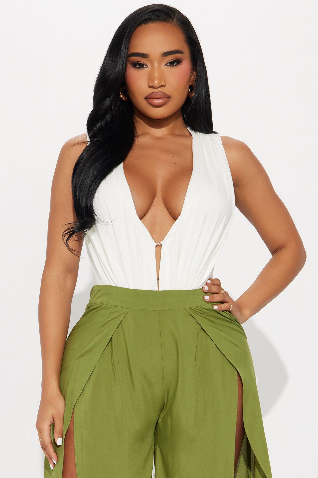 Gemma Ruched Bodysuit Tops - White Product Image