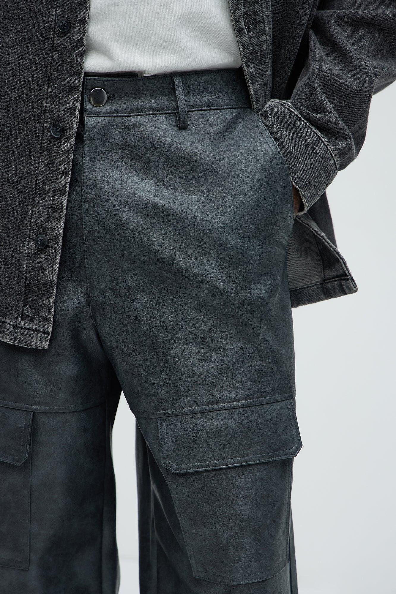Baggy Pleather Cargo Pants - Black Product Image