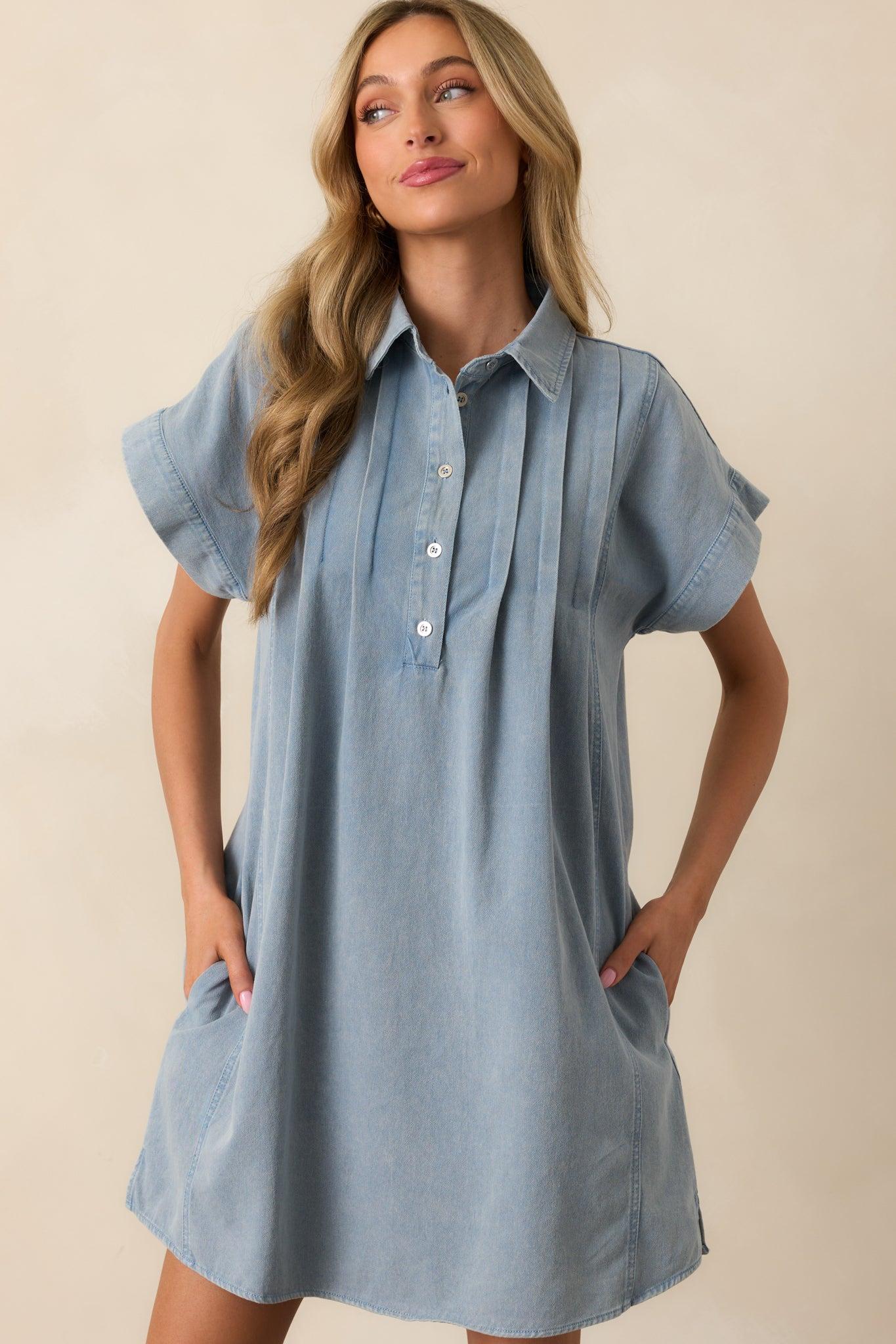 Perfect Afternoon Light Wash Short Sleeve Denim Mini Dress Product Image