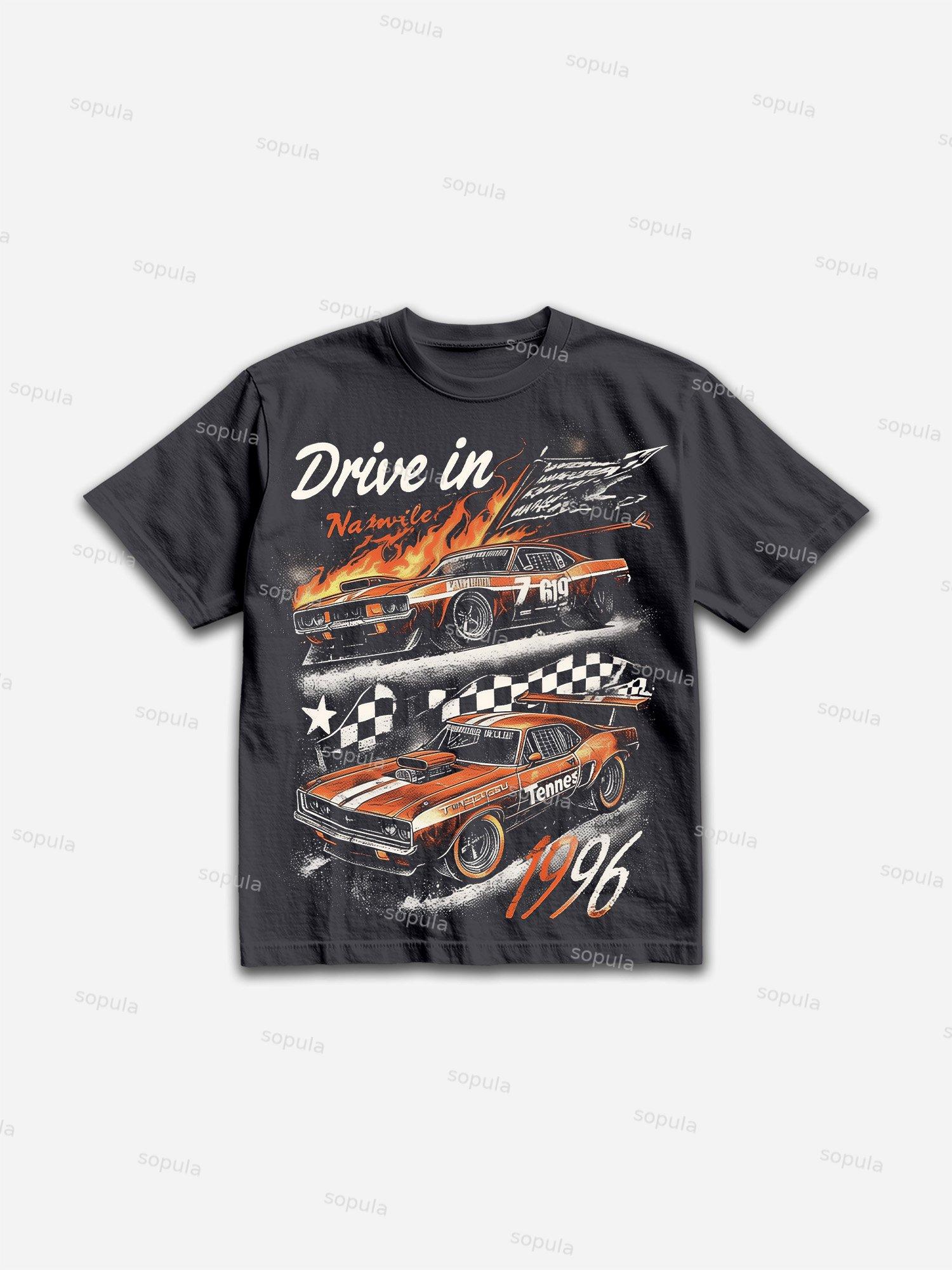 Men's Vintage Racing Flame Graphic Cotton T-shirt Product Image