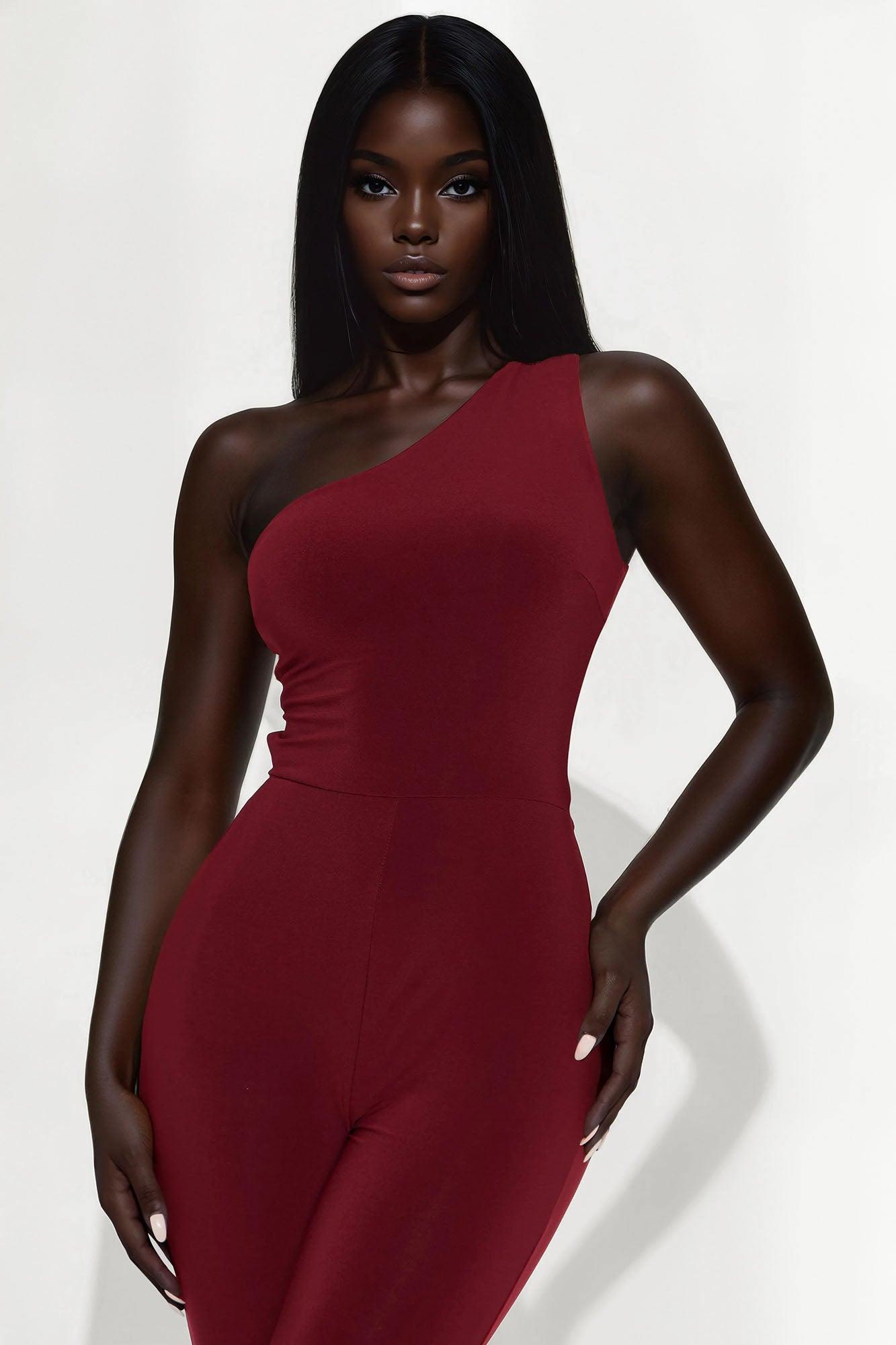 Flirty And Fun One Shoulder Jumpsuit - Burgundy Female Product Image