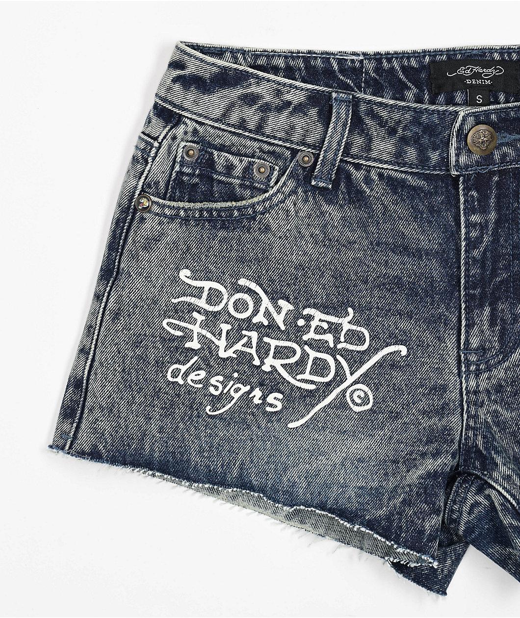 Ed Hardy Heart Dagger Blue Wash Denim Cutoff Shorts Product Image