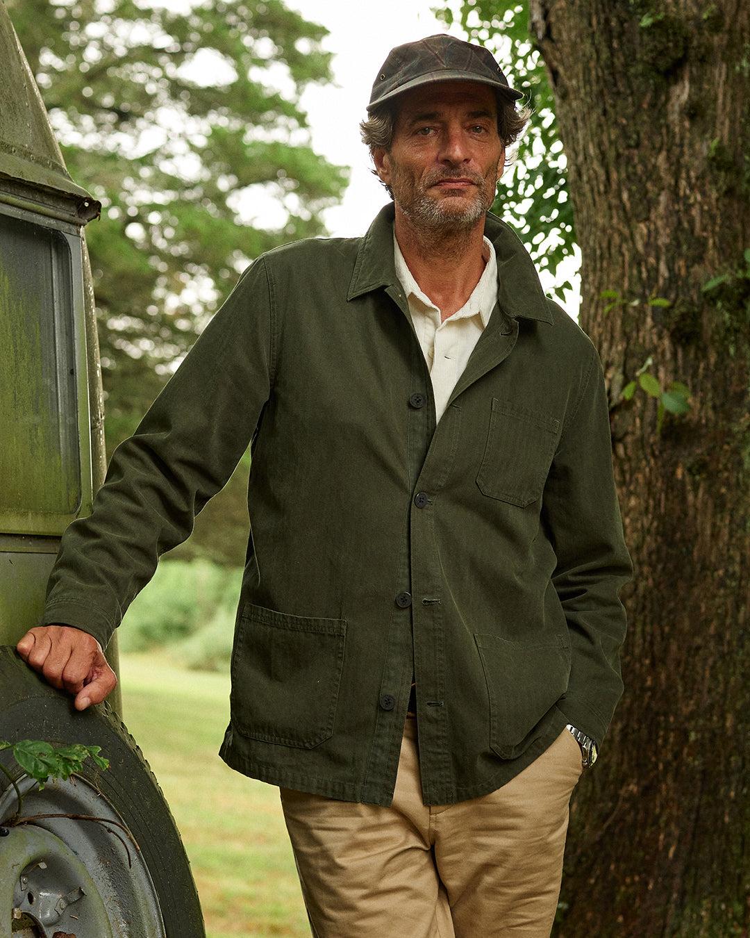 French Workman’s Jacket in Parks Department Green Herringbone Product Image