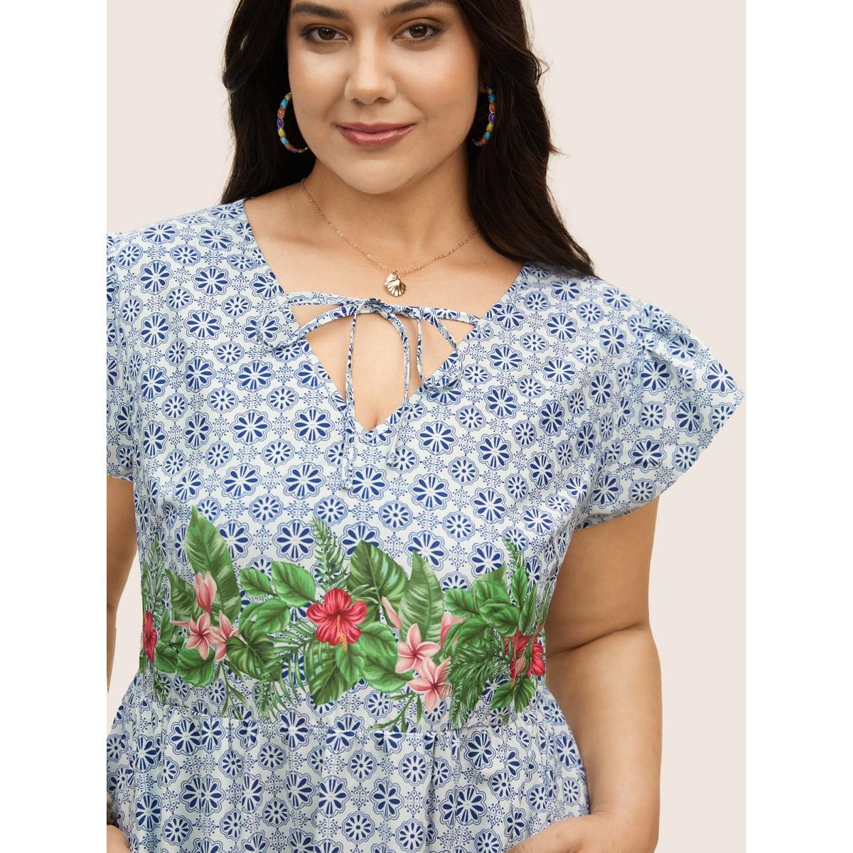 Plus Size Bandana Print Tie Knot Ruffle Cap Sleeve Dress LightBlue Women Resort Tie knot V-neck Cap Sleeve Curvy BloomChic 10/M Product Image