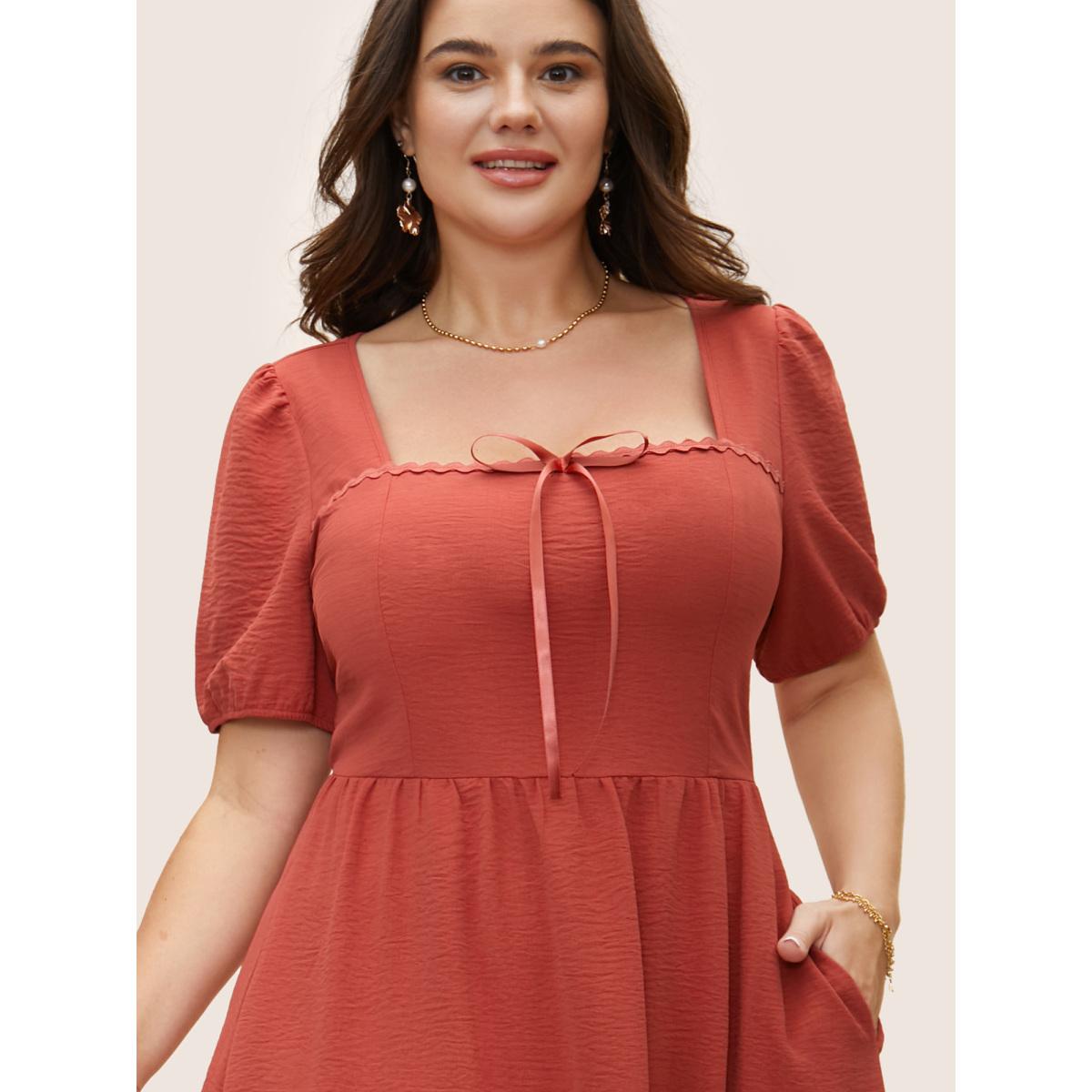 Plus Size Square Neck Woven Ribbon Patchwork Bowknot Dress Rust Women Elegant Woven ribbon&lace trim Square Neck Short sleeve Curvy BloomChic 30/6X Product Image