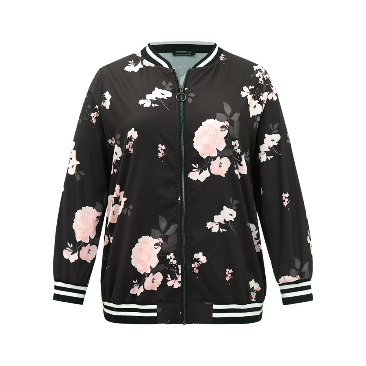 Plus Size Floral Contrast Trim O Ring Zipper Jacket Women Black Elastic cuffs Dailywear Jackets BloomChic 10/M Product Image