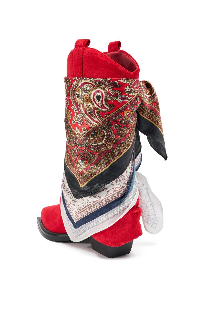 AZALEA WANG COBALT RED FAUX SUEDE SCARF EMBELLISHED WESTERN BOOTIE Product Image