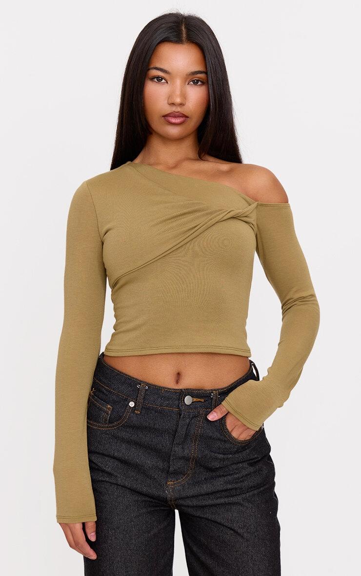 Olive Contour Jersey Asymmetric Twist Detail Long Sleeve Top Product Image
